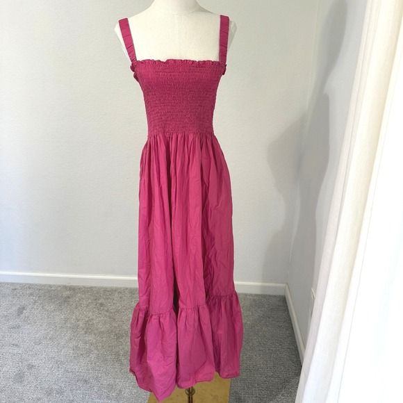 Hill House Anjuli The Nap Dress Lipstick Pink Smocked Square Neck Maxi Large
